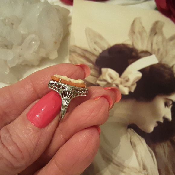 ANTIQUE 14K SOLID GOLD, FILLGREE CAMEO RING, SIZE 3 1/4 - Picture 5 of 16
